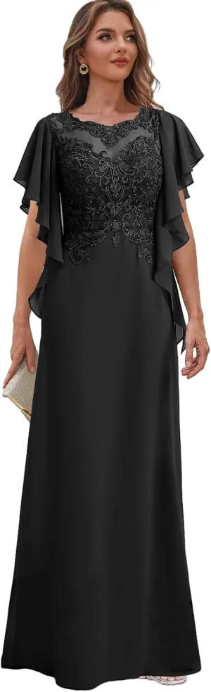 Lace Mother of The Bride Dresses with Sleeves for Wedding Chiffon Long Formal Dress Ruffles Evening Gown