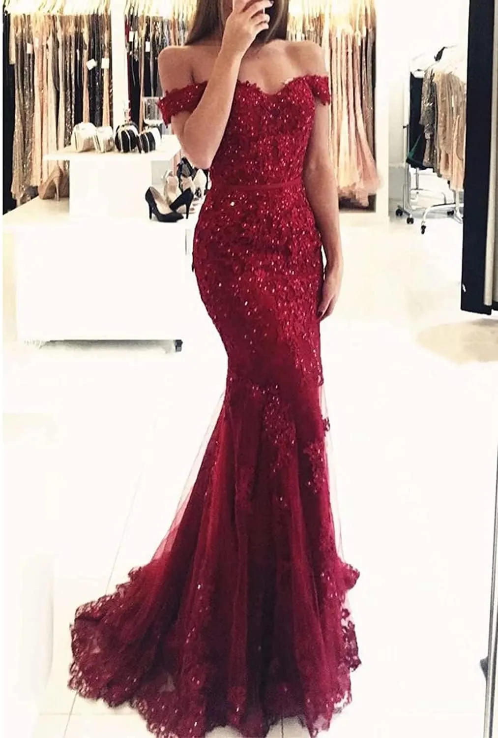 Lace Prom Dress Mermaid Off The Shoulder Formal Dress Evening Party Gowns with Train