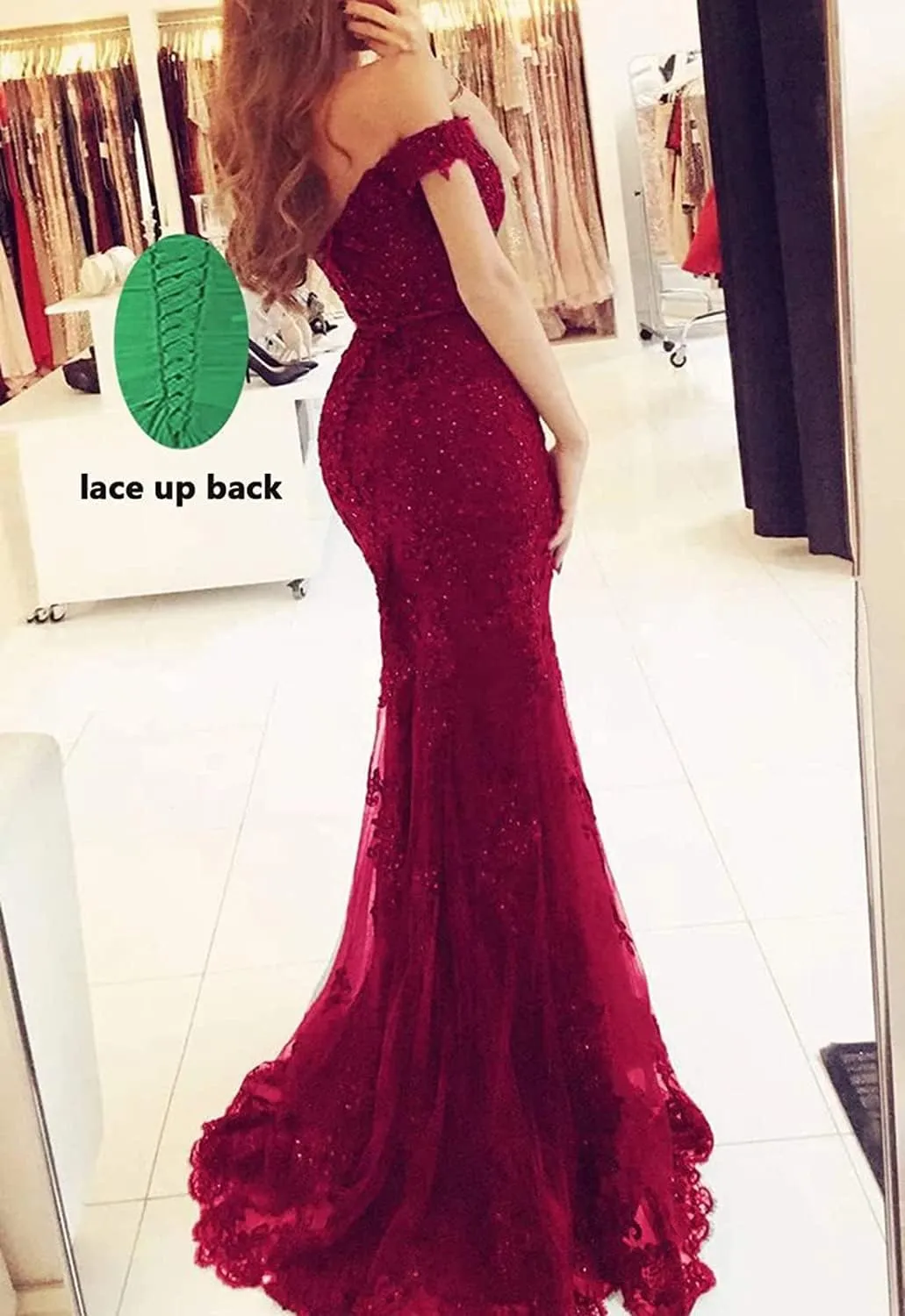 Lace Prom Dress Mermaid Off The Shoulder Formal Dress Evening Party Gowns with Train