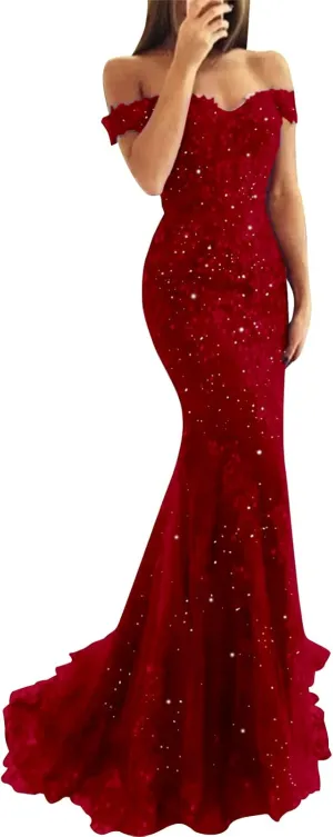 Lace Prom Dress Mermaid Off The Shoulder Formal Dress Evening Party Gowns with Train