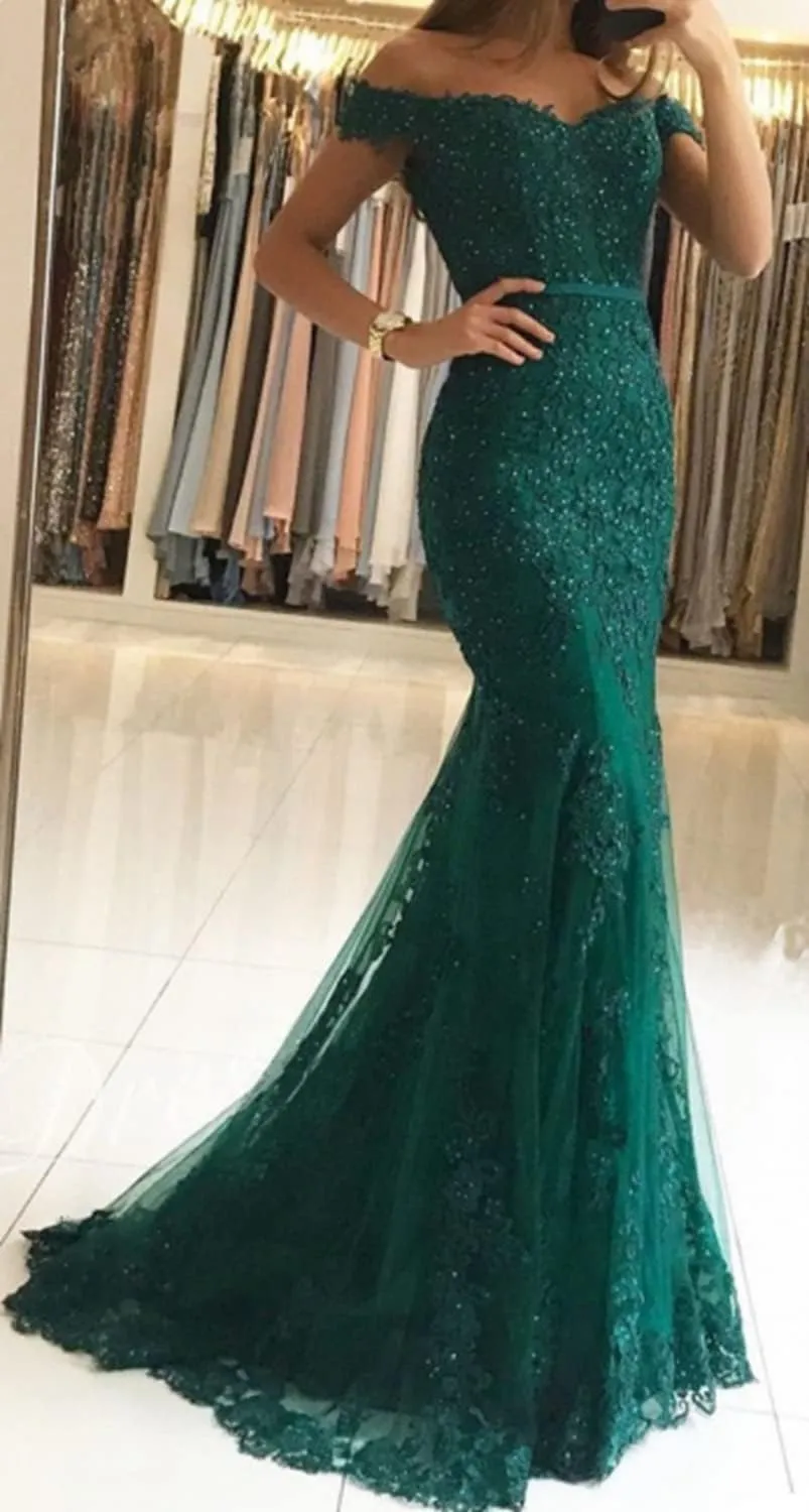 Lace Prom Dress Mermaid Off The Shoulder Formal Dress Evening Party Gowns with Train