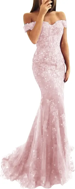 Lace Prom Dress Mermaid Off The Shoulder Formal Dress Evening Party Gowns with Train