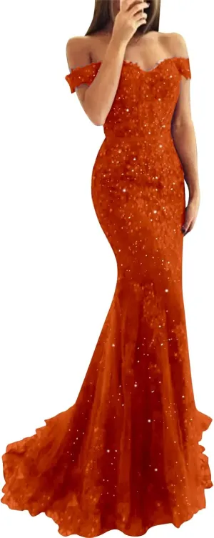 Lace Prom Dress Mermaid Off The Shoulder Formal Dress Evening Party Gowns with Train