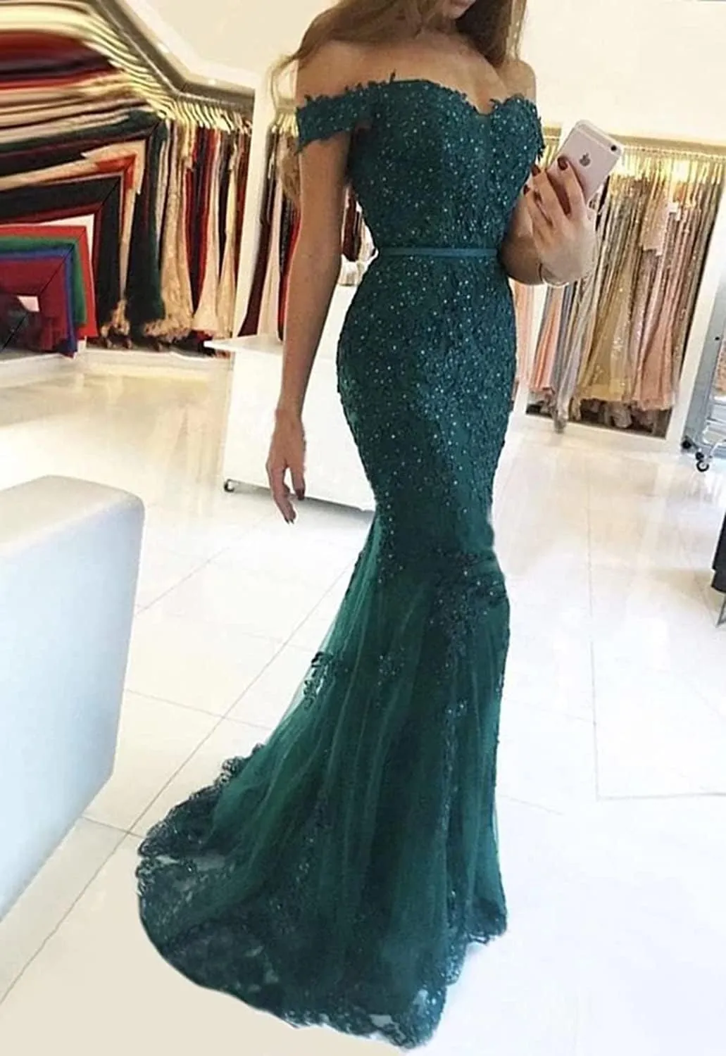 Lace Prom Dress Mermaid Off The Shoulder Formal Dress Evening Party Gowns with Train