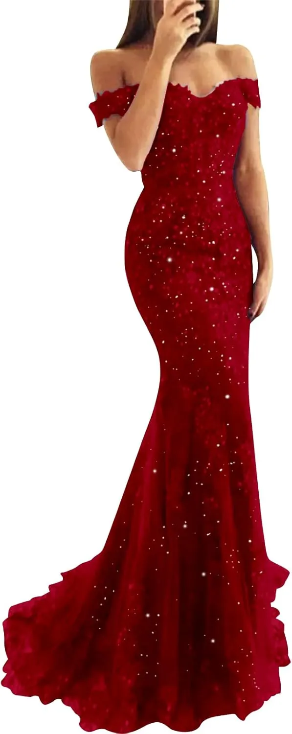 Lace Prom Dress Mermaid Off The Shoulder Formal Dress Evening Party Gowns with Train