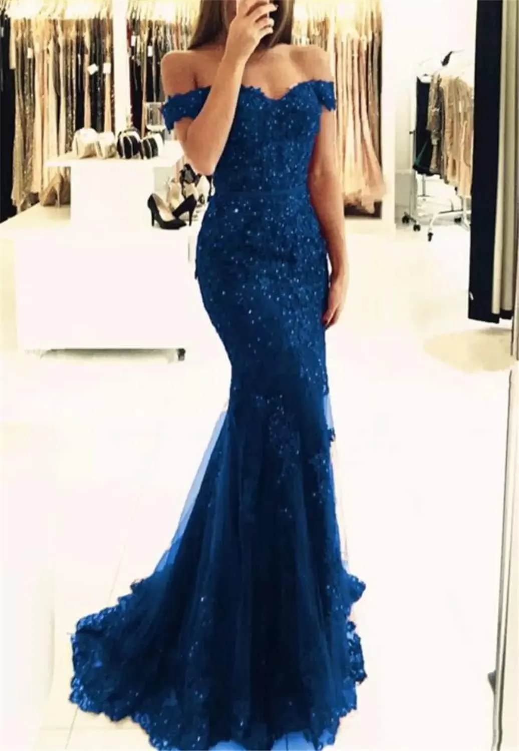 Lace Prom Dress Mermaid Off The Shoulder Formal Dress Evening Party Gowns with Train