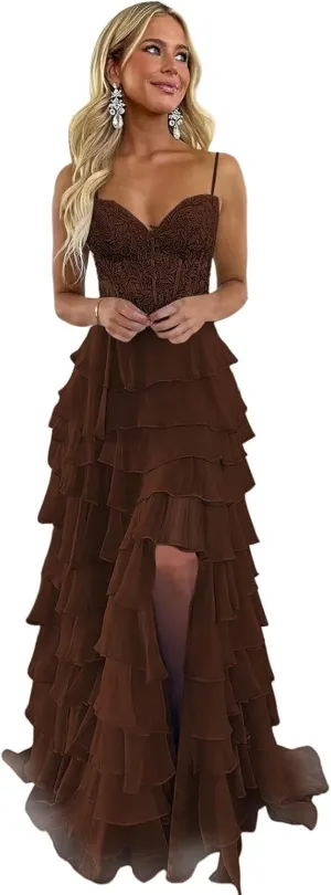 Lace Tiered Prom Dress with Slit 2025 Ruffle Sweetheart Spaghetti Strap Chiffon Formal Evening Dress IMC057