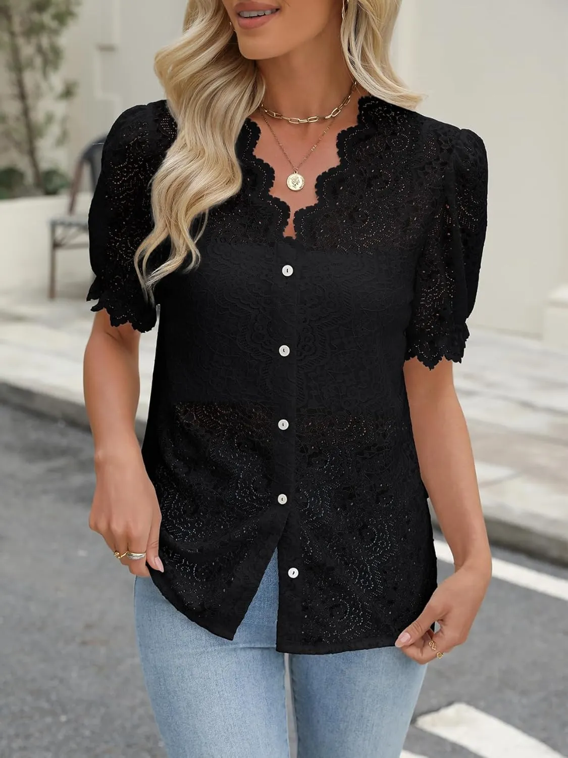Lace Tops for Women Dressy Casual V Neck Short Sleeve Button Down Shirts Bussiness Work Office Summer Blouses