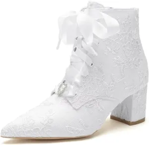 Lace Wedding Boots for Bride Block Heel Wedding Shoes Ankle Boots