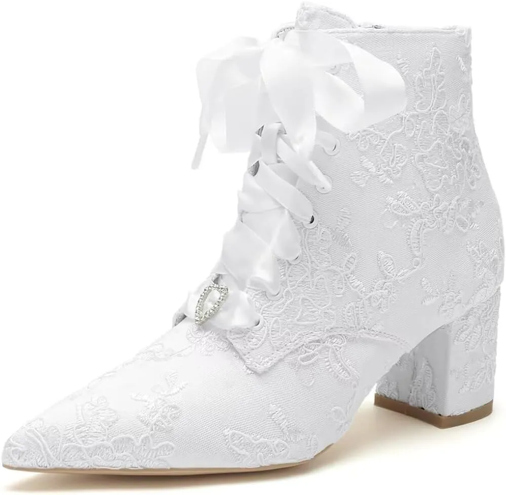 Lace Wedding Boots for Bride Block Heel Wedding Shoes Ankle Boots