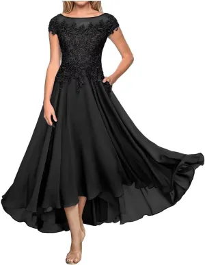 Laces Appliques Mother of The Bride Dresses Tea Length Chiffon Short Sleeve Wedding Guest Gowns with Pockets