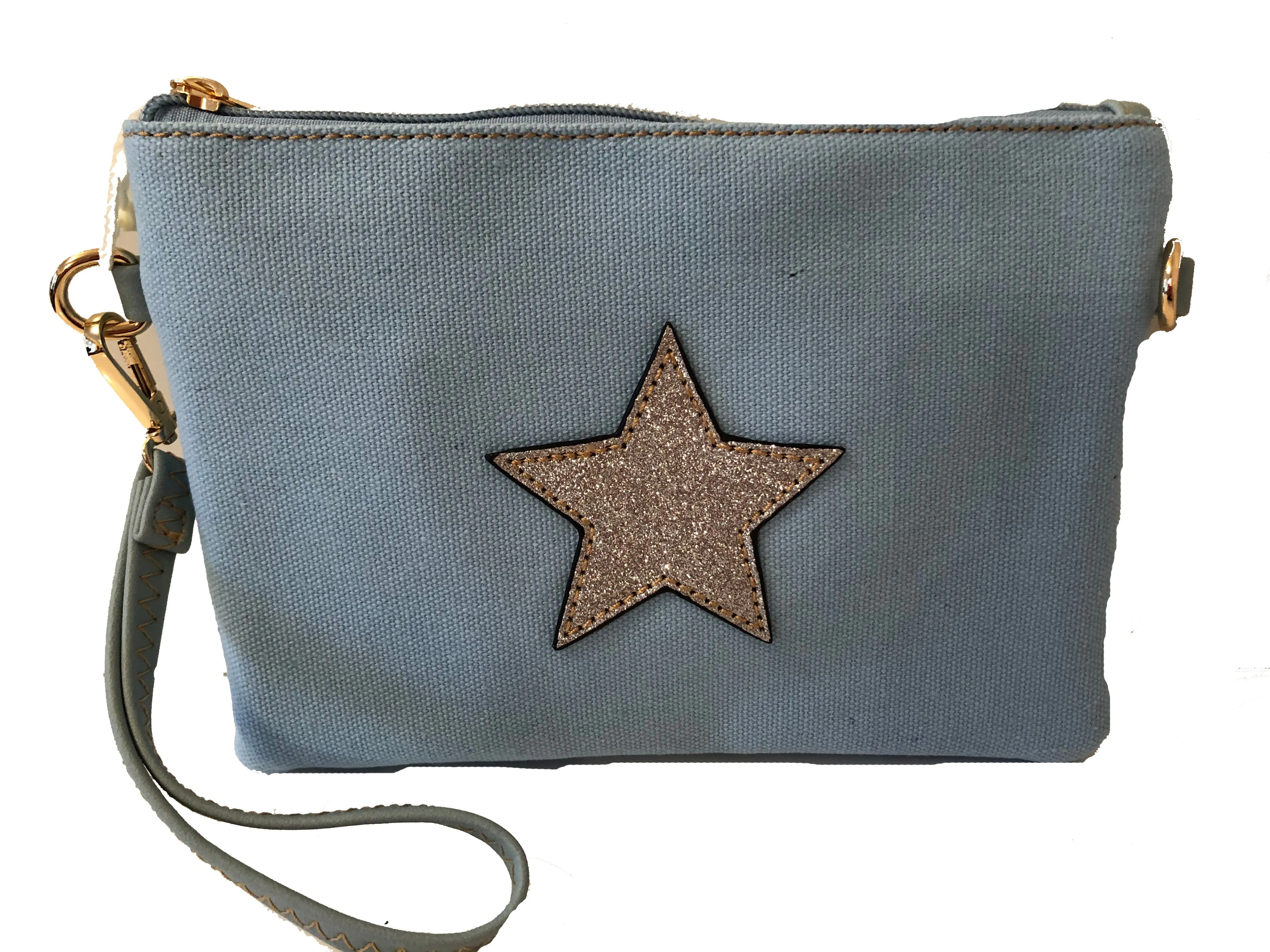Ladies Sparkle Star Canvas Crossbody or Wristlet Clutch Bag - Choice of Colours