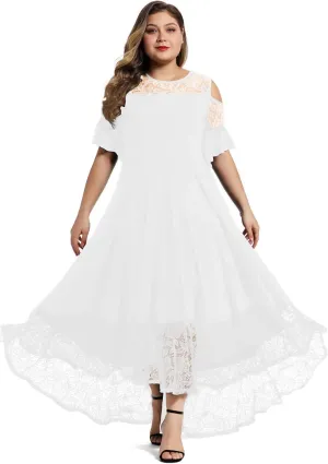 LALAGEN Womens Plus Size Lace Cold Shoulder Casual Long Plain Evening Party Maxi Dress L-5X