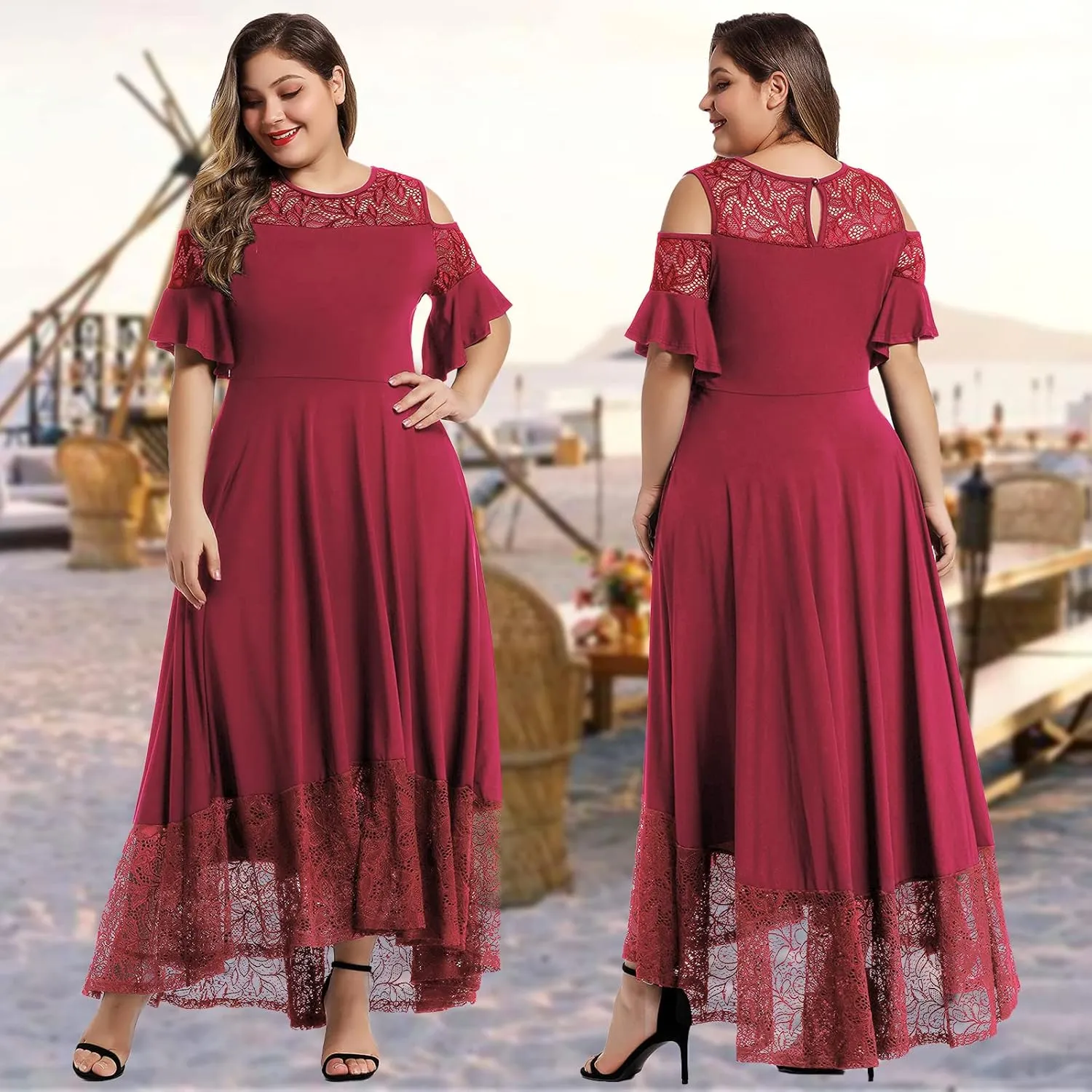 LALAGEN Womens Plus Size Lace Cold Shoulder Casual Long Plain Evening Party Maxi Dress L-5X