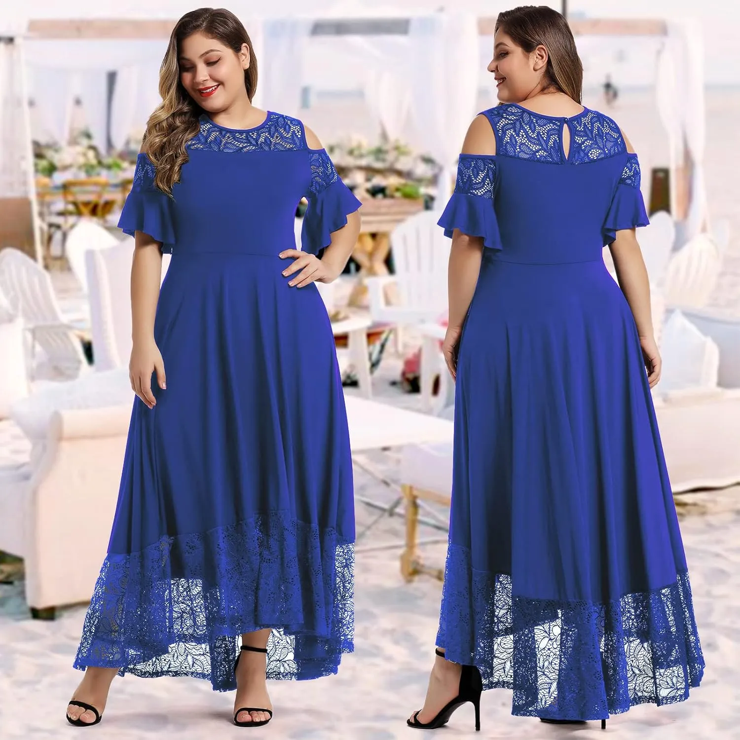 LALAGEN Womens Plus Size Lace Cold Shoulder Casual Long Plain Evening Party Maxi Dress L-5X