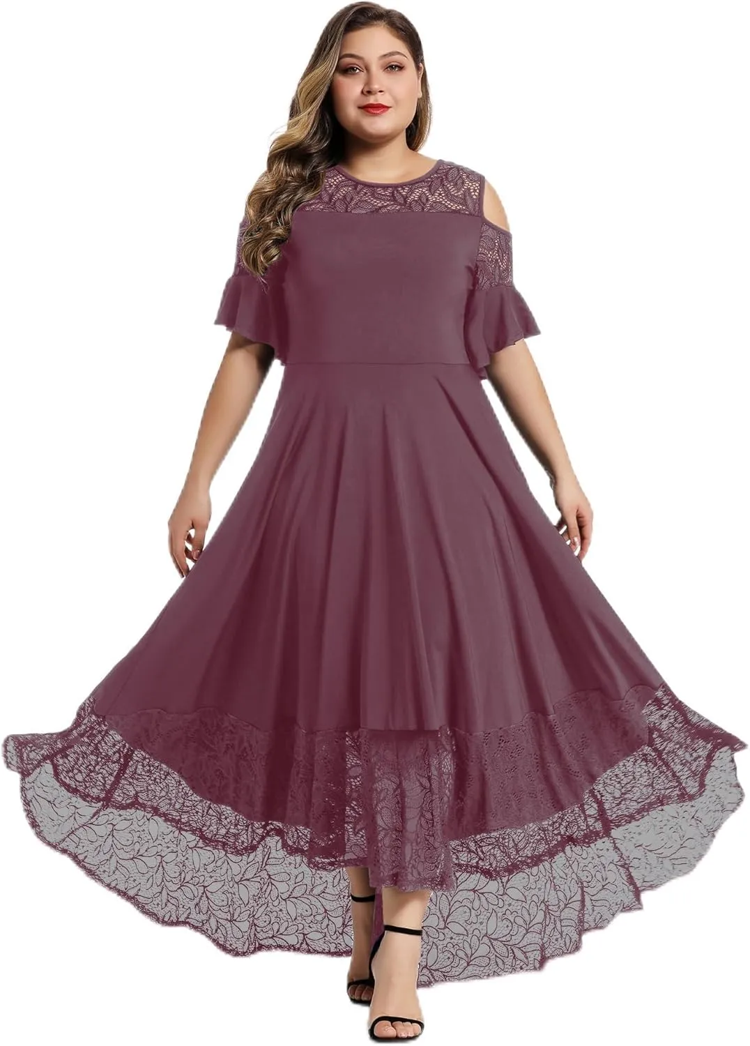 LALAGEN Womens Plus Size Lace Cold Shoulder Casual Long Plain Evening Party Maxi Dress L-5X