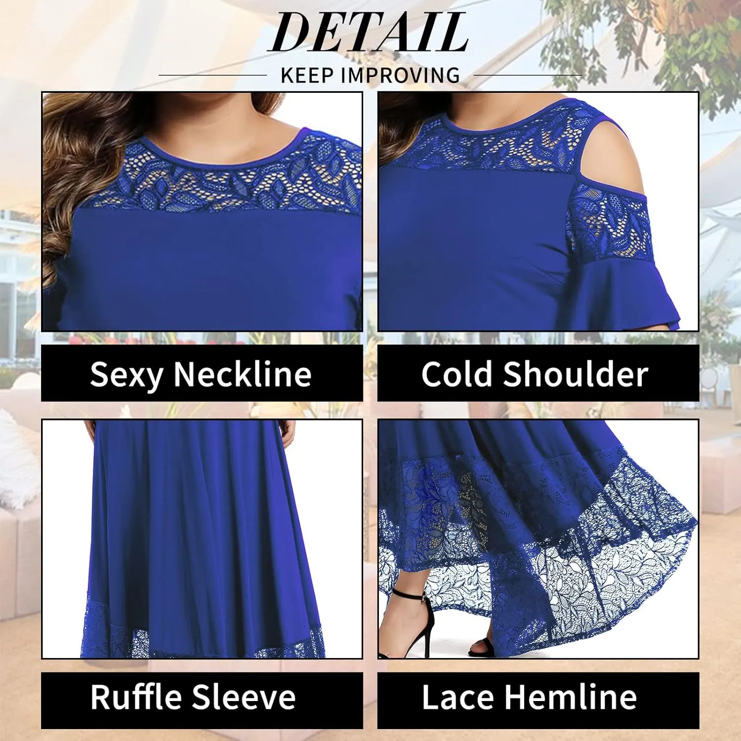 LALAGEN Womens Plus Size Lace Cold Shoulder Casual Long Plain Evening Party Maxi Dress L-5X