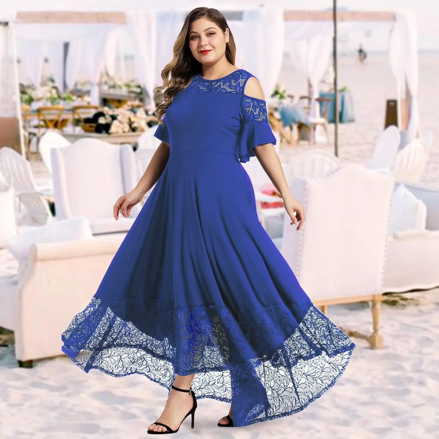 LALAGEN Womens Plus Size Lace Cold Shoulder Casual Long Plain Evening Party Maxi Dress L-5X
