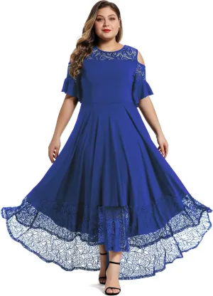 LALAGEN Womens Plus Size Lace Cold Shoulder Casual Long Plain Evening Party Maxi Dress L-5X