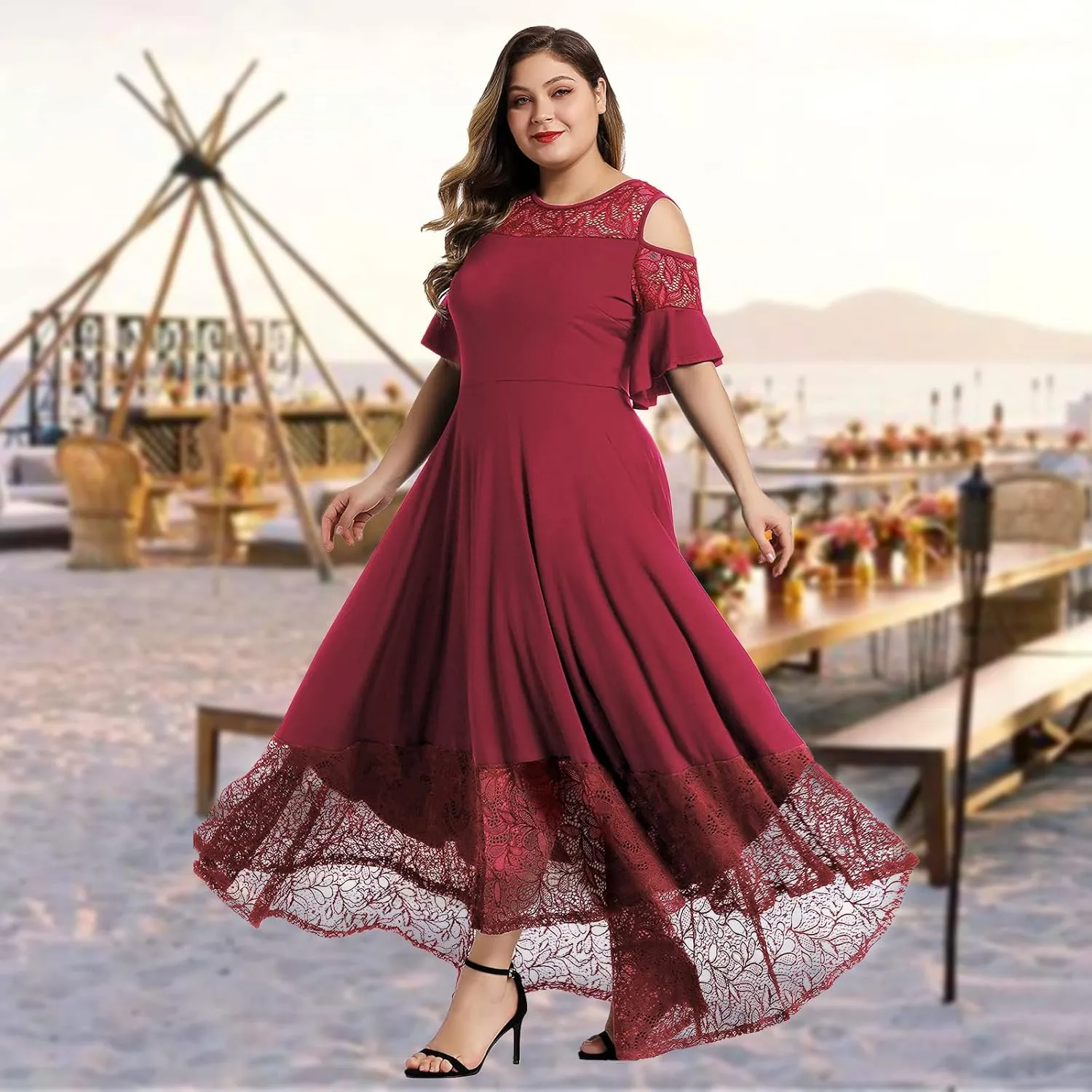 LALAGEN Womens Plus Size Lace Cold Shoulder Casual Long Plain Evening Party Maxi Dress L-5X