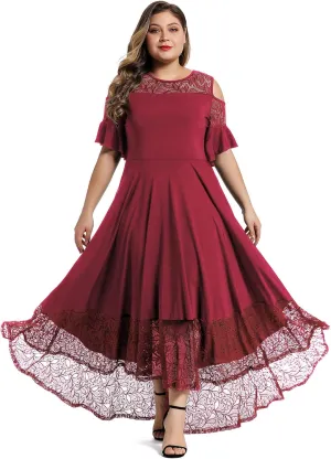 LALAGEN Womens Plus Size Lace Cold Shoulder Casual Long Plain Evening Party Maxi Dress L-5X