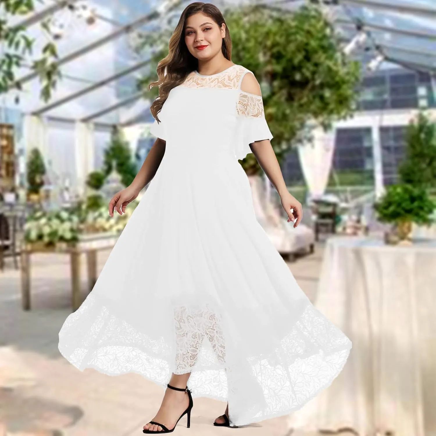 LALAGEN Womens Plus Size Lace Cold Shoulder Casual Long Plain Evening Party Maxi Dress L-5X