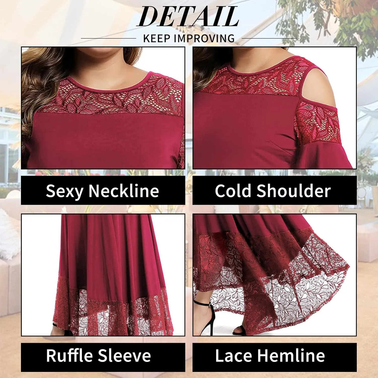 LALAGEN Womens Plus Size Lace Cold Shoulder Casual Long Plain Evening Party Maxi Dress L-5X