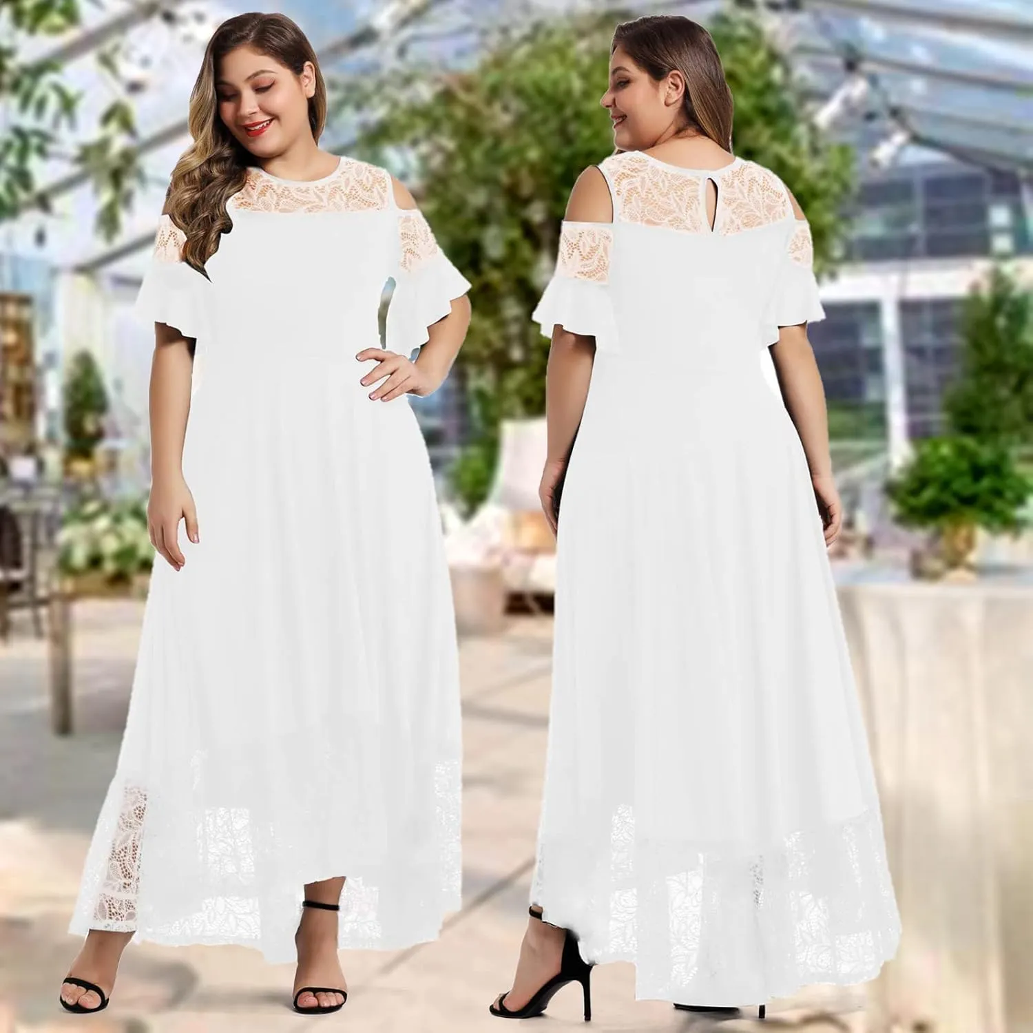 LALAGEN Womens Plus Size Lace Cold Shoulder Casual Long Plain Evening Party Maxi Dress L-5X