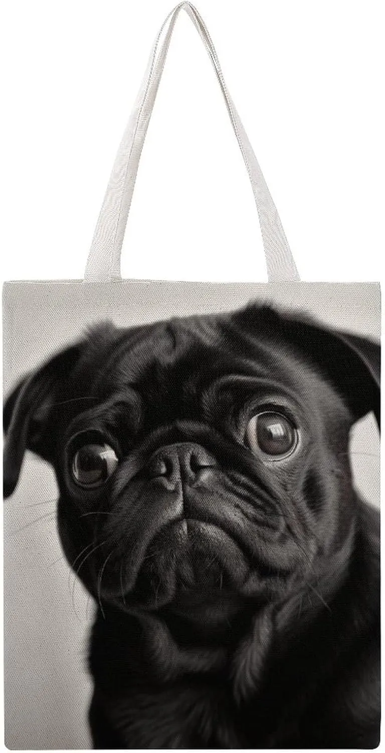 Large Canvas Shopping Bag,Cute Black Pug Dog Print Cotton Tote Bag,practical Large Capacity Tote Bag,ladies Tote Bag