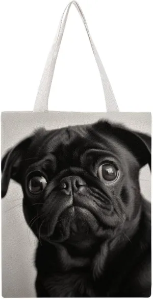 Large Canvas Shopping Bag,Cute Black Pug Dog Print Cotton Tote Bag,practical Large Capacity Tote Bag,ladies Tote Bag
