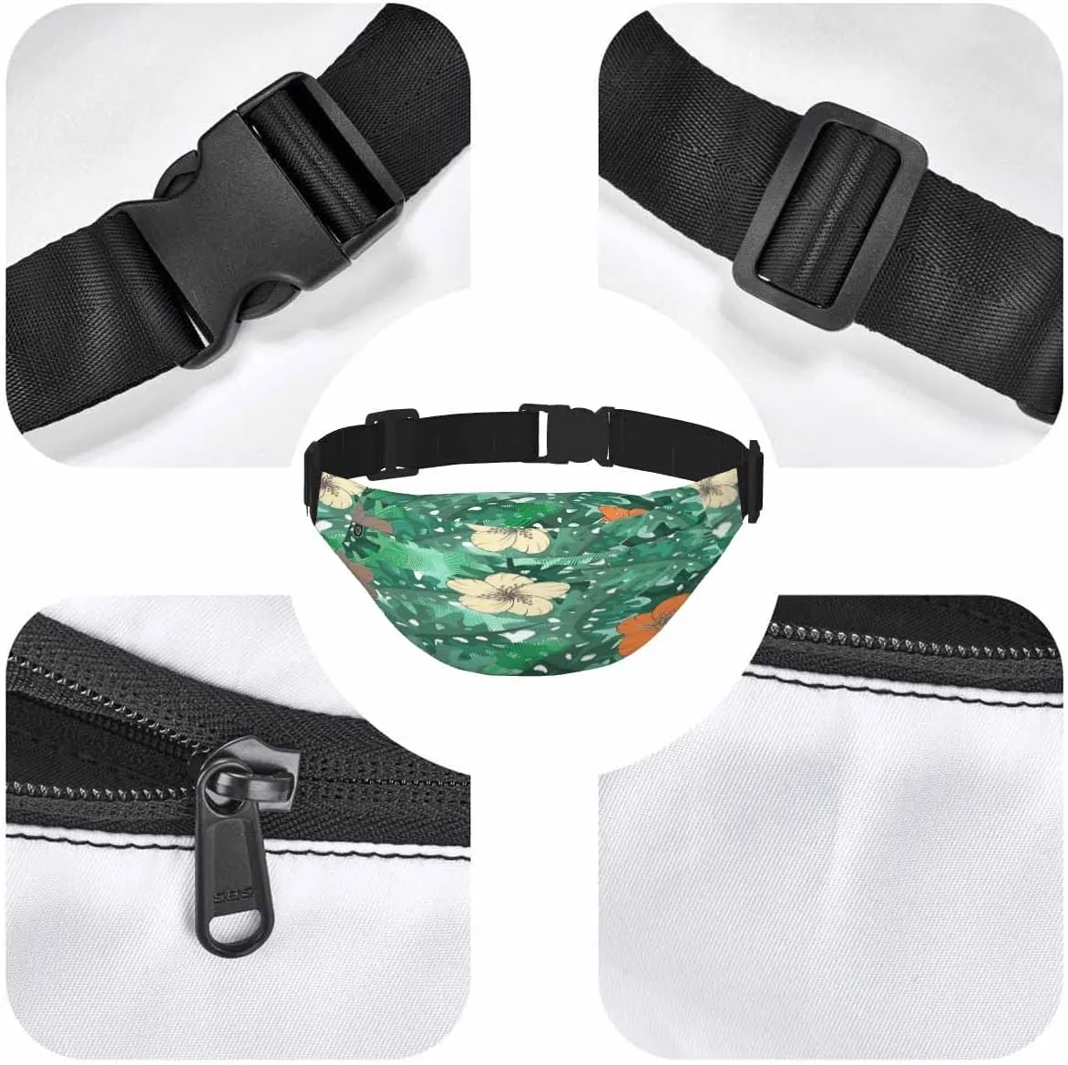 Large Crossbody Bag Waistpack Floral Ethnic Hibiscus Flowers Leaves Palm Green Bloom Leisure Sports Fanny Pack Zipper Bag for Running, Travel