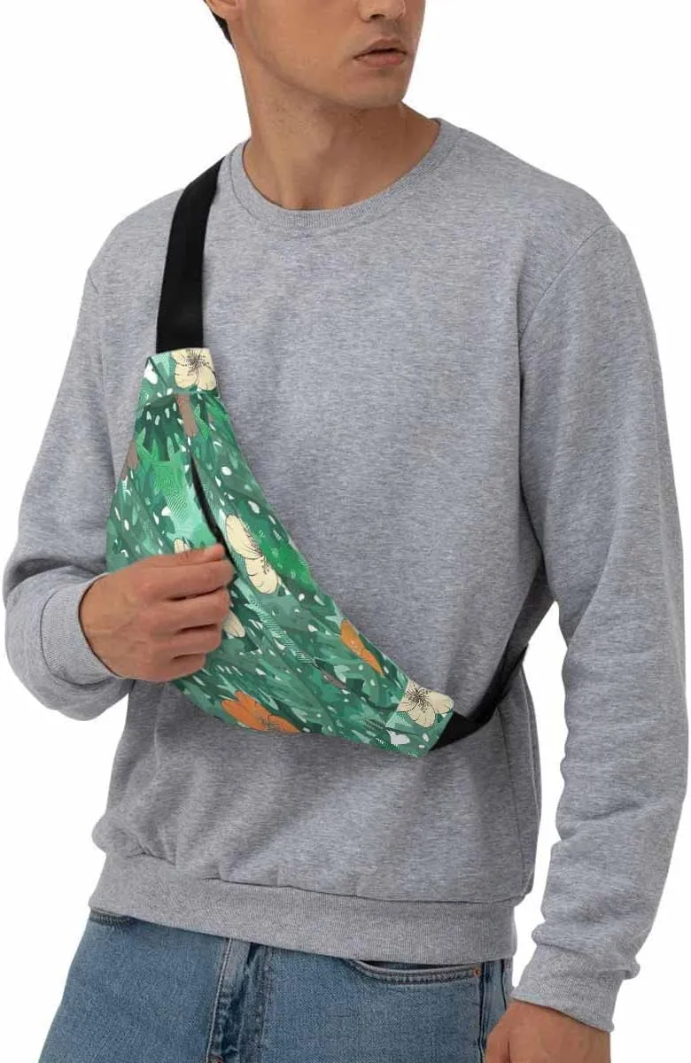 Large Crossbody Bag Waistpack Floral Ethnic Hibiscus Flowers Leaves Palm Green Bloom Leisure Sports Fanny Pack Zipper Bag for Running, Travel
