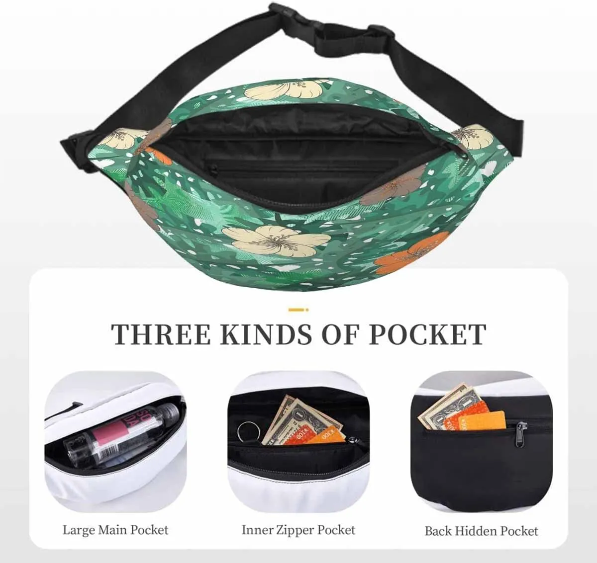 Large Crossbody Bag Waistpack Floral Ethnic Hibiscus Flowers Leaves Palm Green Bloom Leisure Sports Fanny Pack Zipper Bag for Running, Travel