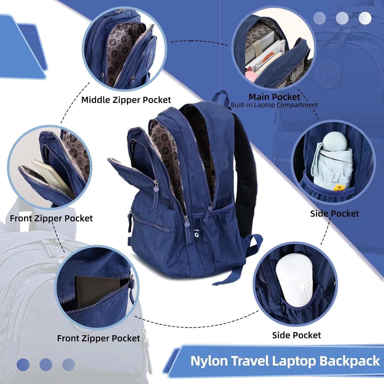 Large Lightweight Nylon Travel Laptop Backpacks Casual Work Computer Backpack Water Resistant Daypack Backpack for Women Men Travel, Hiking, Cycling Back Pack, Fits 15.6 Inch Laptop - Navy Blue