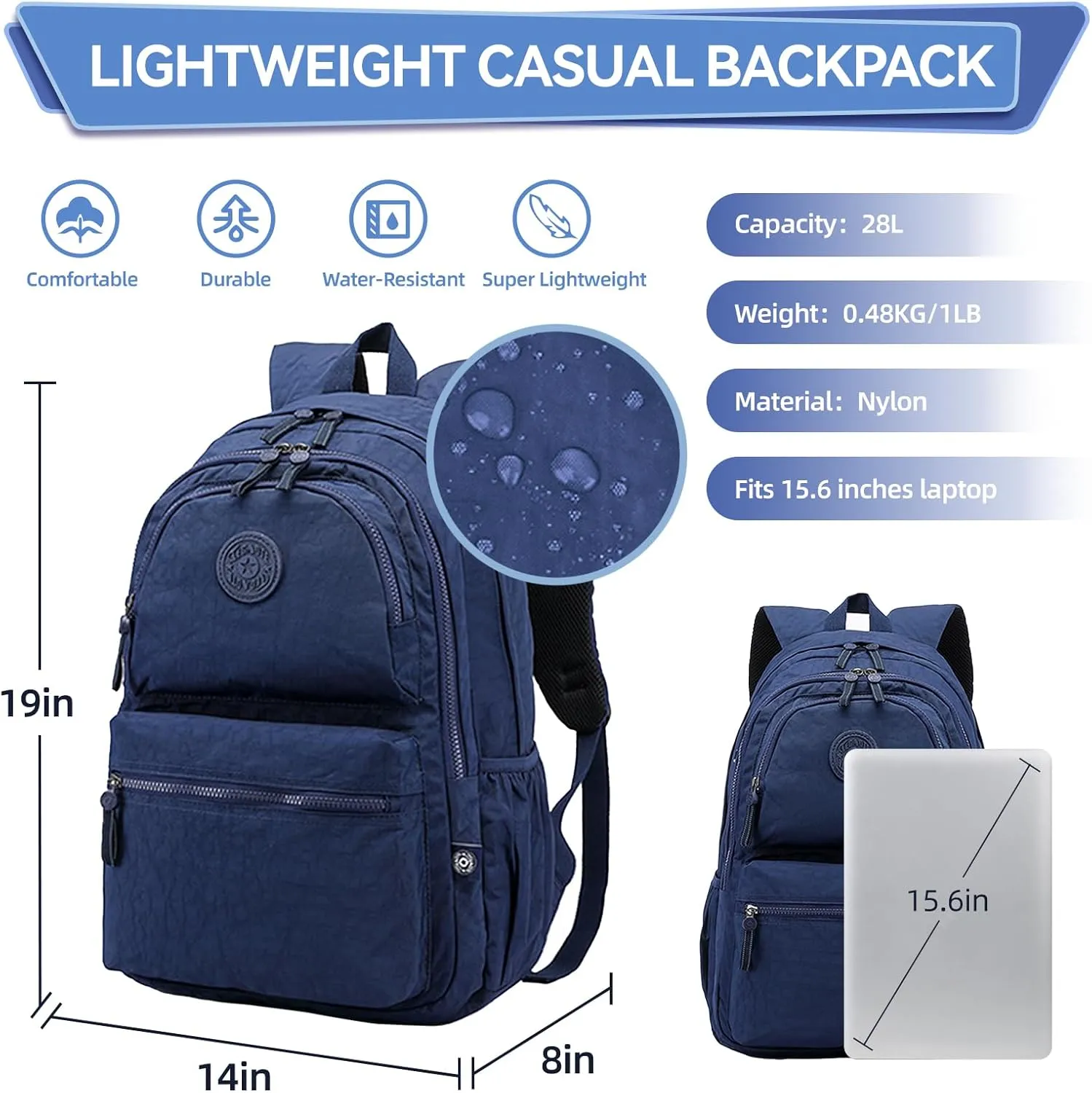 Large Lightweight Nylon Travel Laptop Backpacks Casual Work Computer Backpack Water Resistant Daypack Backpack for Women Men Travel, Hiking, Cycling Back Pack, Fits 15.6 Inch Laptop - Navy Blue