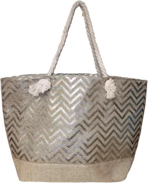 Large Women Metallic Print Tote Beach Bag with Zipper Top - Silver or Gold - Chevron or Stripe Pattern - Can be Personalized with Initial, Monogram or Name (Silver Chevron)