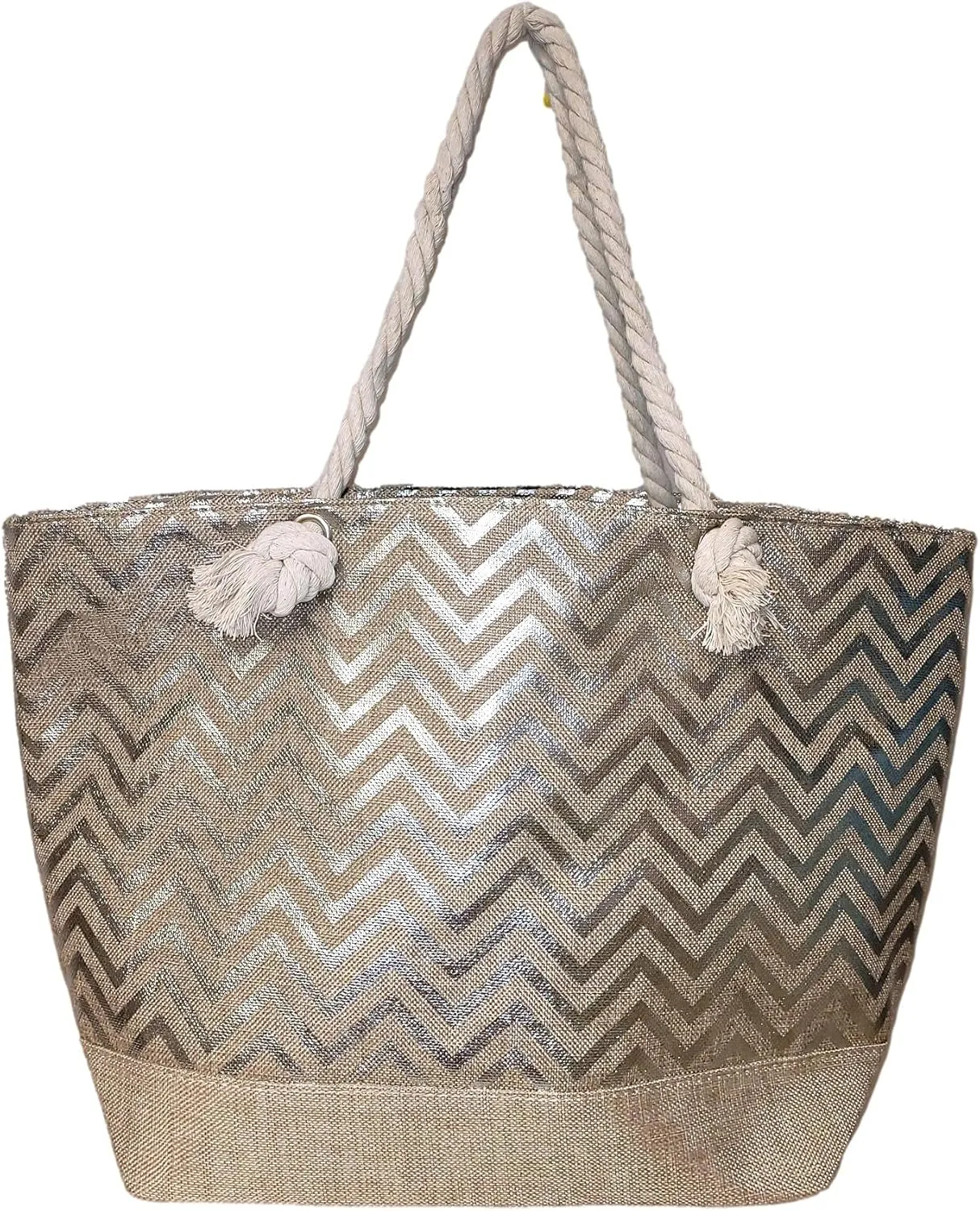 Large Women Metallic Print Tote Beach Bag with Zipper Top - Silver or Gold - Chevron or Stripe Pattern - Can be Personalized with Initial, Monogram or Name (Silver Chevron)