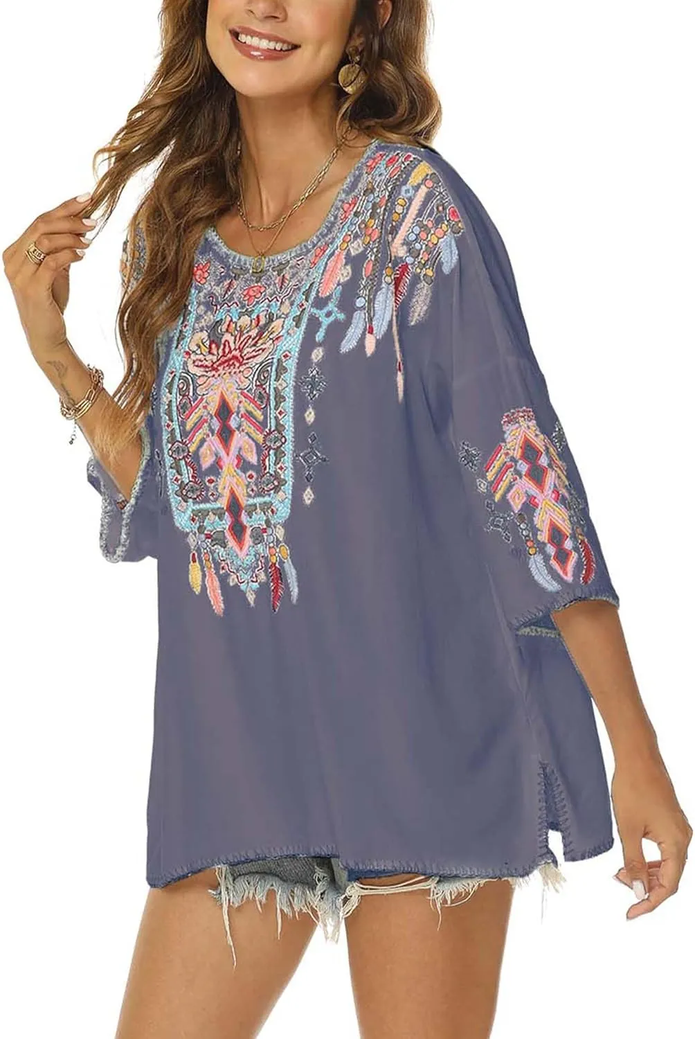 LauraKlein Women Mexican Embroidered Shirt for Women Bohemian Style Top Blouse 3/4 Sleeve Summer Casual Tunics