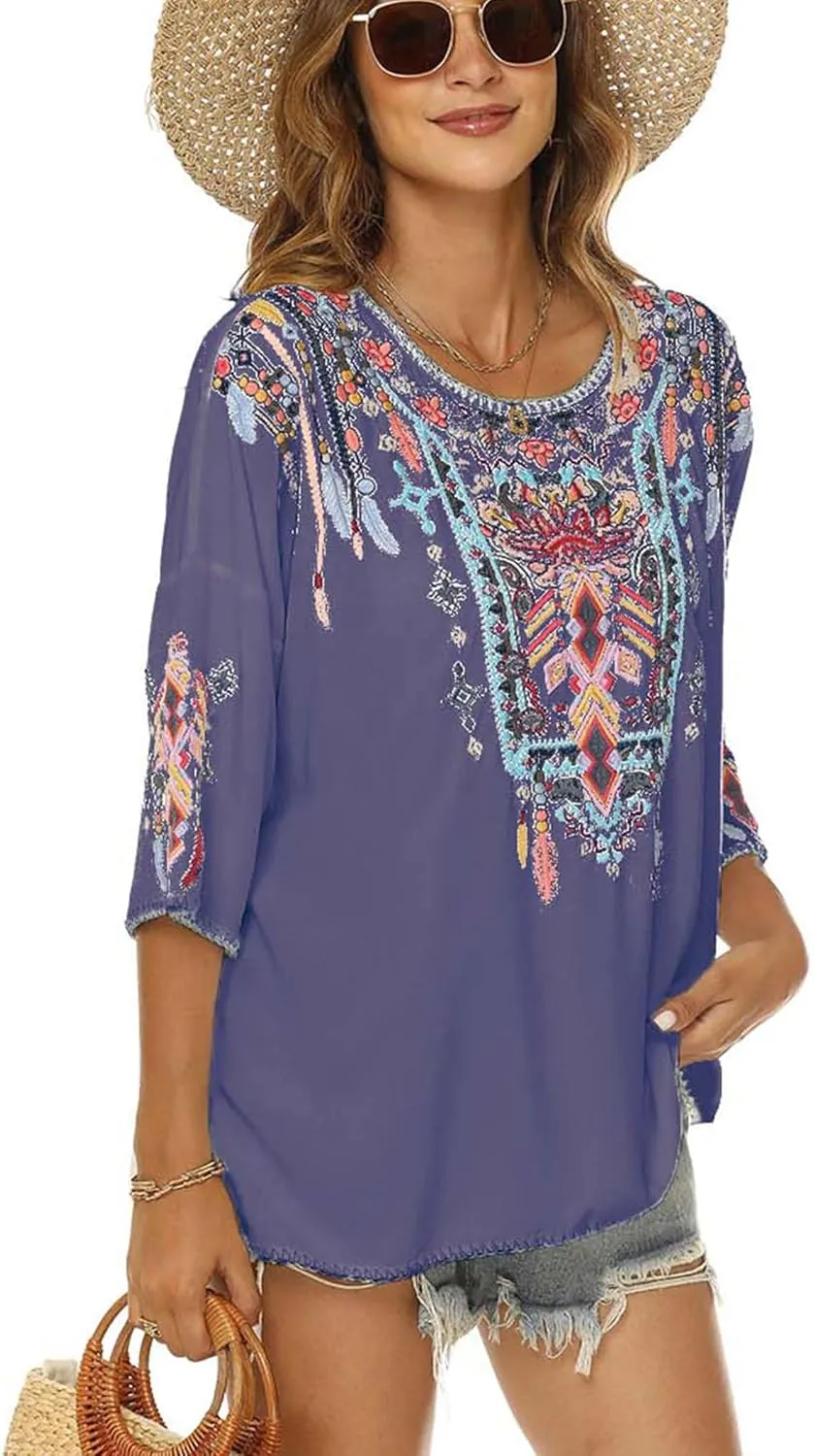 LauraKlein Women Mexican Embroidered Shirt for Women Bohemian Style Top Blouse 3/4 Sleeve Summer Casual Tunics
