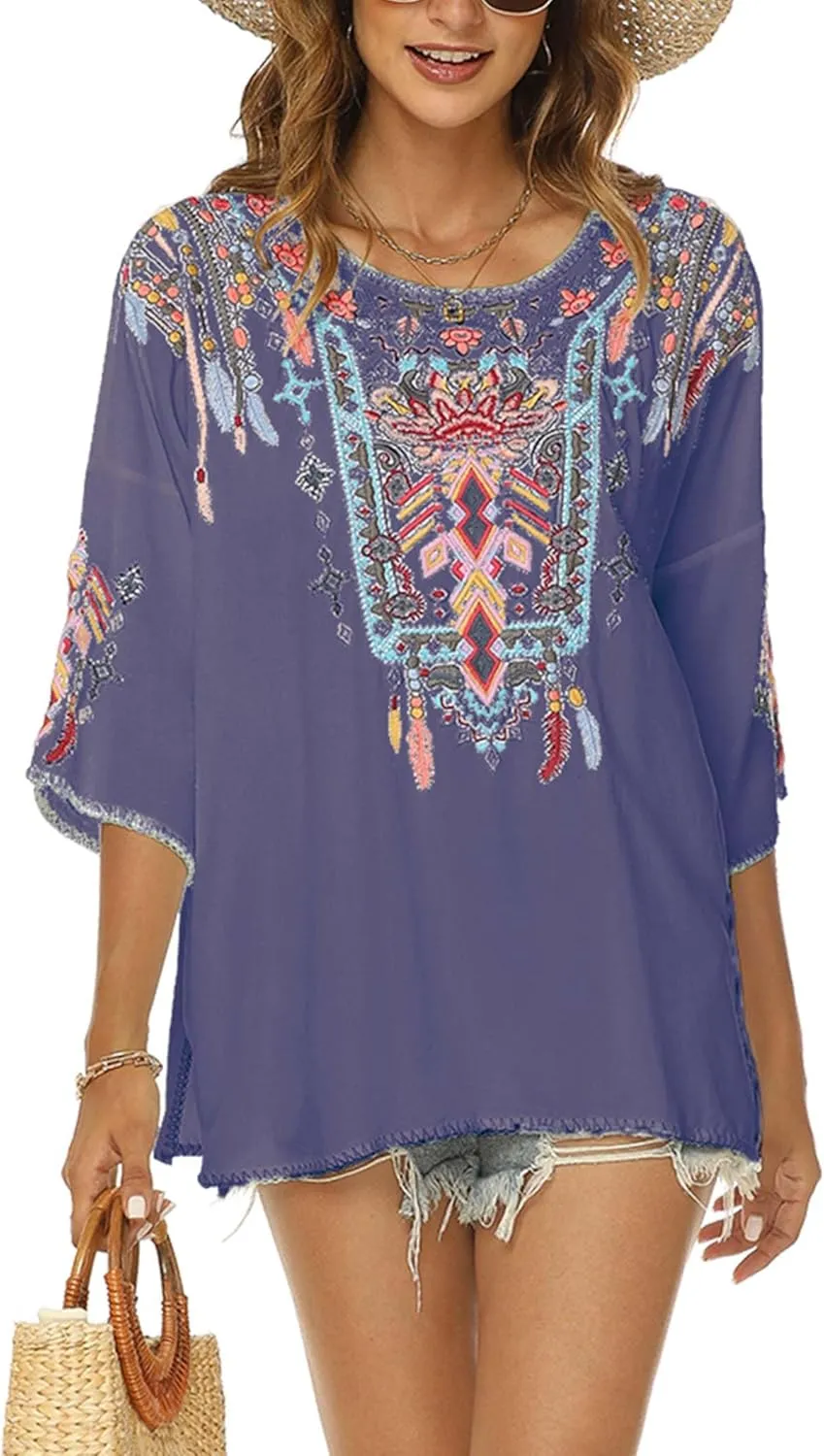 LauraKlein Women Mexican Embroidered Shirt for Women Bohemian Style Top Blouse 3/4 Sleeve Summer Casual Tunics