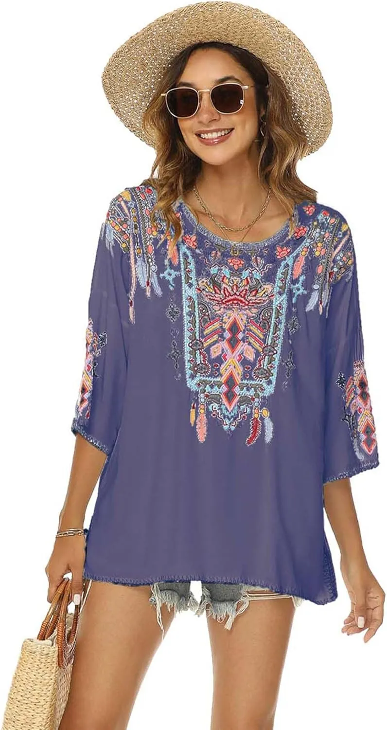LauraKlein Women Mexican Embroidered Shirt for Women Bohemian Style Top Blouse 3/4 Sleeve Summer Casual Tunics