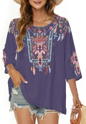 LauraKlein Women Mexican Embroidered Shirt for Women Bohemian Style Top Blouse 3/4 Sleeve Summer Casual Tunics