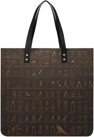 Leather Handbags Fallow Ancient Egyptian Hieroglyph Printing Leather Purse Portable Tote Purse For Women