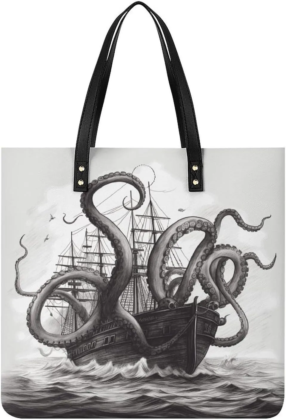 Leather Handbags Fallow Black And White Octopus And Ship Printing Leather Purse Portable Tote Purse For Women