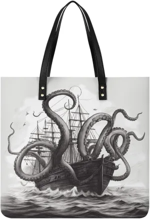 Leather Handbags Fallow Black And White Octopus And Ship Printing Leather Purse Portable Tote Purse For Women