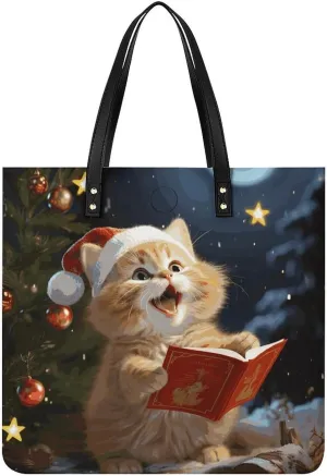 Leather Handbags Fallow Cute Sing Christmas Carols Printing Leather Purse Portable Tote Purse For Women