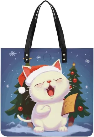 Leather Handbags Fallow Cute Sing Christmas Carols Printing Leather Purse Portable Tote Purse For Women