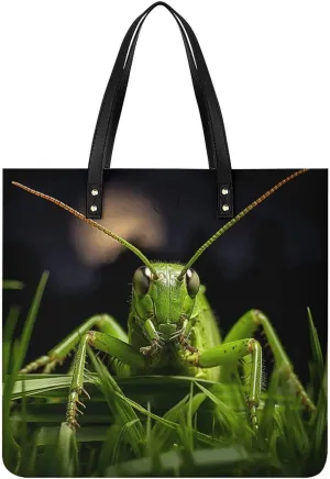 Leather Handbags Fallow Grasshopper on Grass Printing Leather Purse Portable Tote Purse For Women