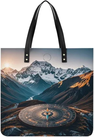 Leather Handbags Fallow Mountain Compass Printing Leather Purse Portable Tote Purse For Women