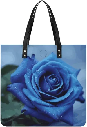 Leather Handbags Fallow Romantic Blue Rose Printing Leather Purse Portable Tote Purse For Women